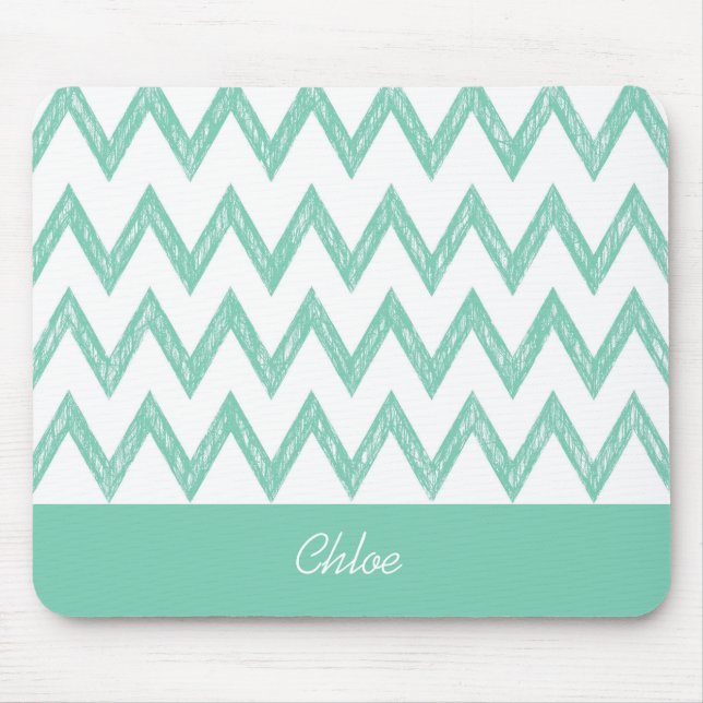 Trendy Pencil Mint Green Chevron Zigzags With Name Mouse Pad (Front)