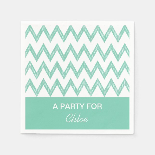 Trendy Pencil Mint Green Chevron Zigzags With Name Napkin (Front)