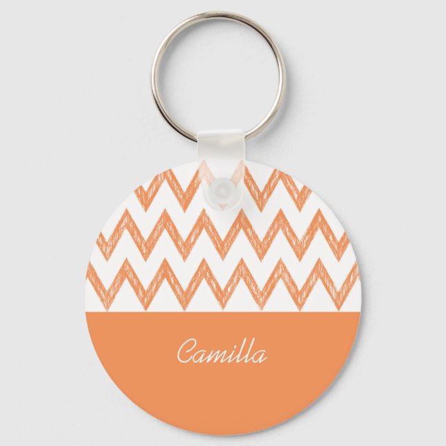 Trendy Pencil Orange Chevron Zigzags With Name Keychain (Front)