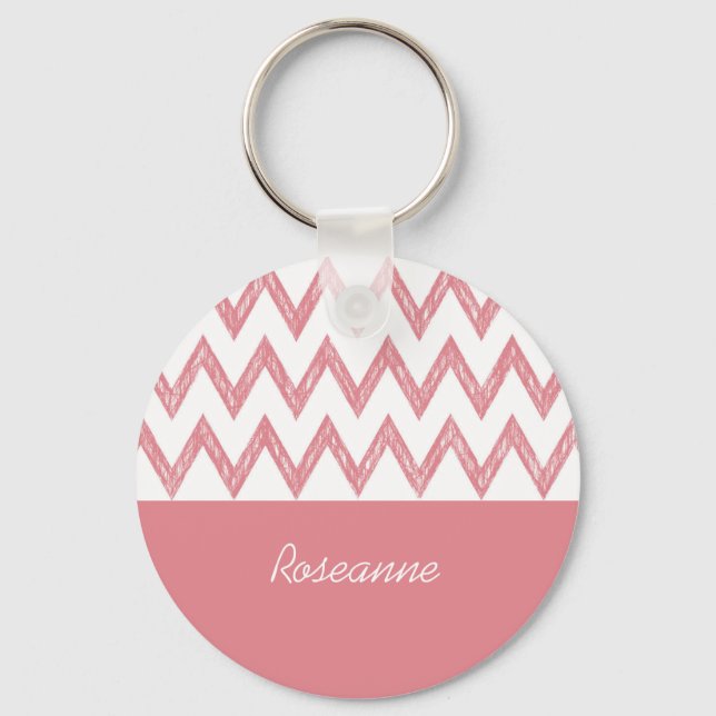 Trendy Pencil Pink Chevron Zigzags With Name Keychain (Front)