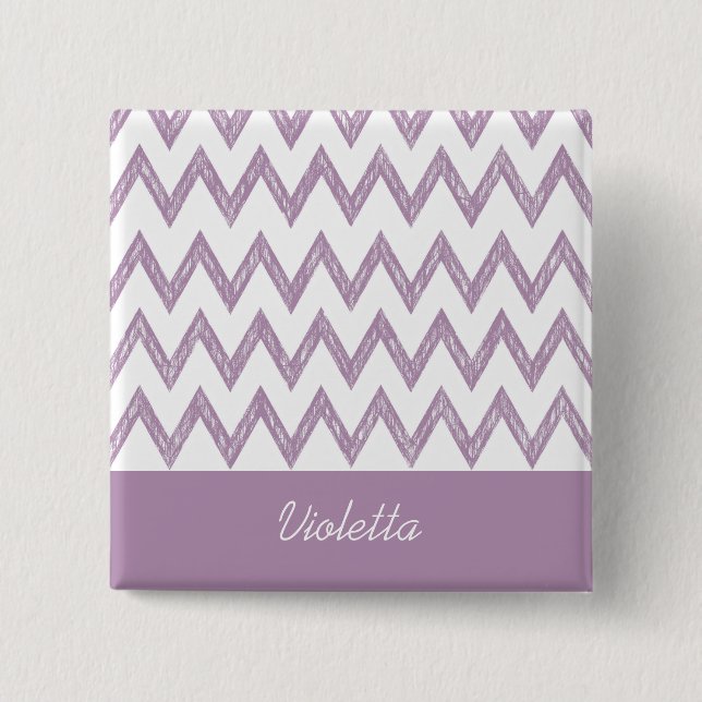 Trendy Pencil Purple Chevron Zigzags and Name 2 Inch Square Button (Front)