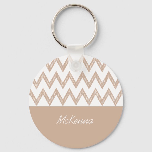 Trendy Pencil Tan Chevron Zigzags With Name Keychain (Front)