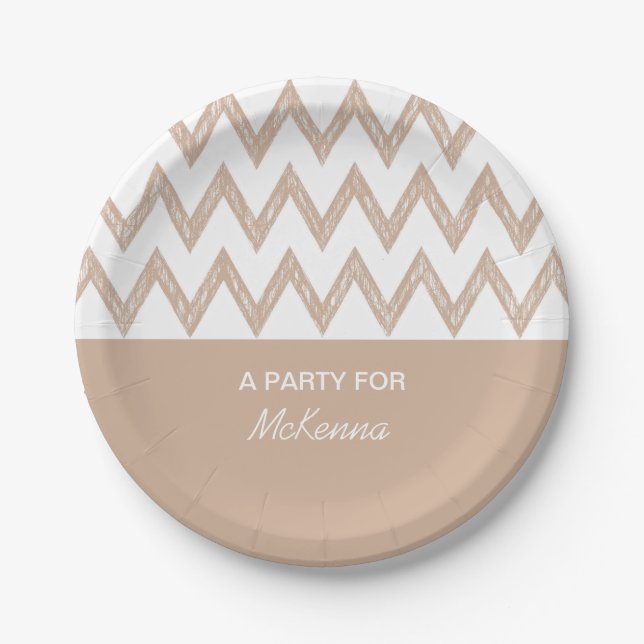 Trendy Pencil Tan Chevron Zigzags With Name Paper Plate (Front)