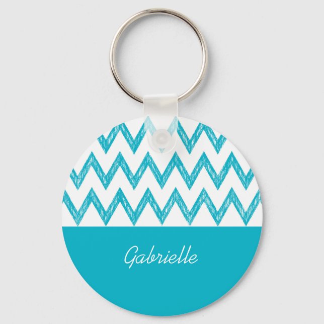 Trendy Pencil Turquoise Chevron Zigzags With Name Keychain (Front)