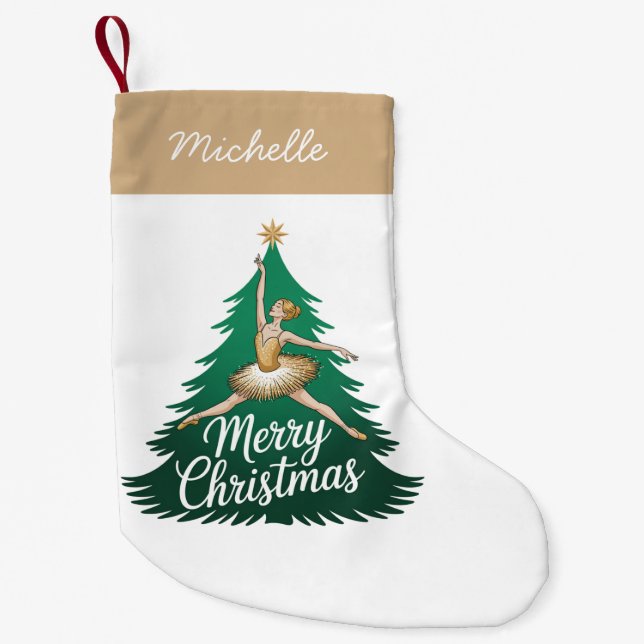 Trendy Personalized Ballerina Christmas Tree Gold Small Christmas Stocking (Front)