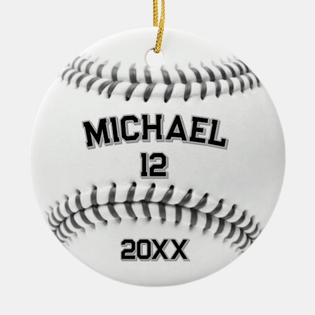Trendy Personalized Baseball Name and Number       Ceramic Ornament (Front)