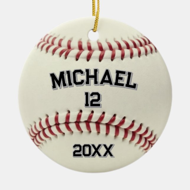 Trendy Personalized Baseball Name and Number       Ceramic Ornament (Front)