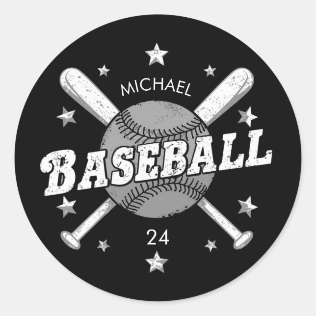 Trendy Personalized Baseball Name and Number  Classic Round Sticker (Front)