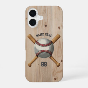 Trendy Personalized Baseball Name and Number Wood iPhone 16 Case