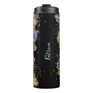 Trendy Personalized Blue Gold Agate Marble Glitter Thermal Tumbler