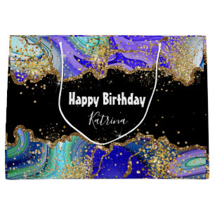 Trendy Personalized Blue Gold Agate Marbled Large Gift Bag