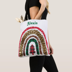 Trendy Personalized Christmas Rainbow red green Tote Bag