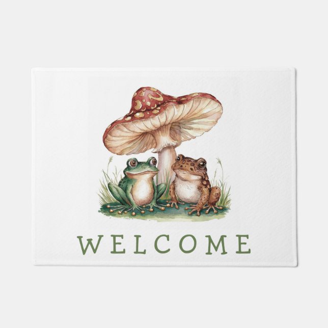Trendy Personalized Cute Frog & Mushroom Welcome   Doormat (Front)