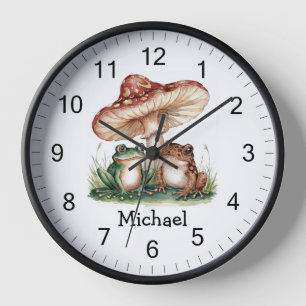 Trendy Personalized Cute Happy Frog and Mushrooms  Clock