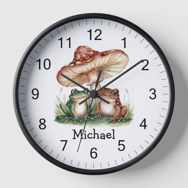 Trendy Personalized Cute Happy Frog and Mushrooms  Clock (Front)