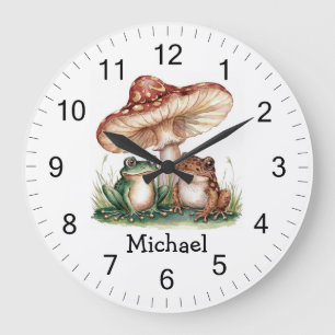 Trendy Personalized Cute Happy Frog and Mushrooms  Large Clock