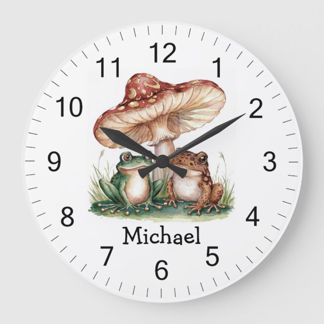 Trendy Personalized Cute Happy Frog and Mushrooms  Large Clock (Front)