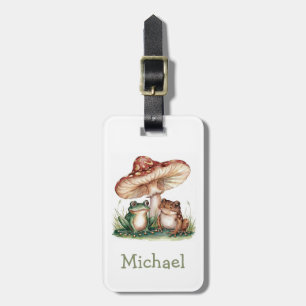 Trendy Personalized Cute Happy Frog and Mushrooms Luggage Tag