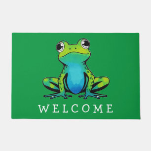 Trendy Personalized Cute Happy Frog Welcome   Doormat