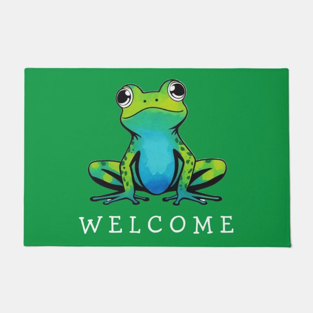 Trendy Personalized Cute Happy Frog Welcome   Doormat (Front)