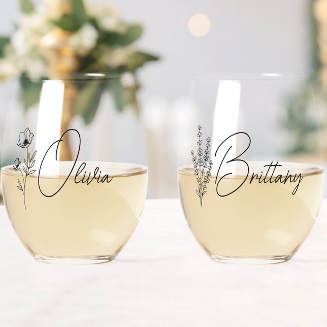 Trendy Personalized Floral Bridesmaid Stemless Wine Glass (maid of honor wine glass,bridesmaid wine glass with name,wildflower floral bridesmaid gifts,)