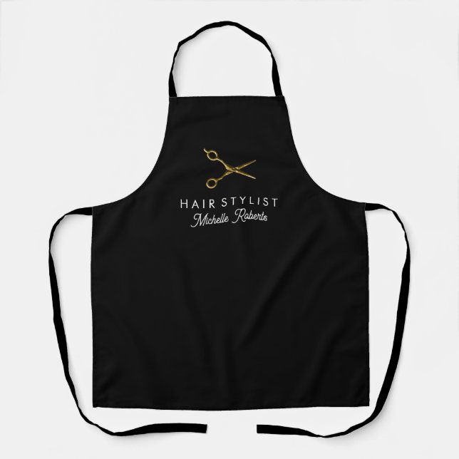 Trendy Personalized Gold Scissors Hair Salon black Apron (Front)