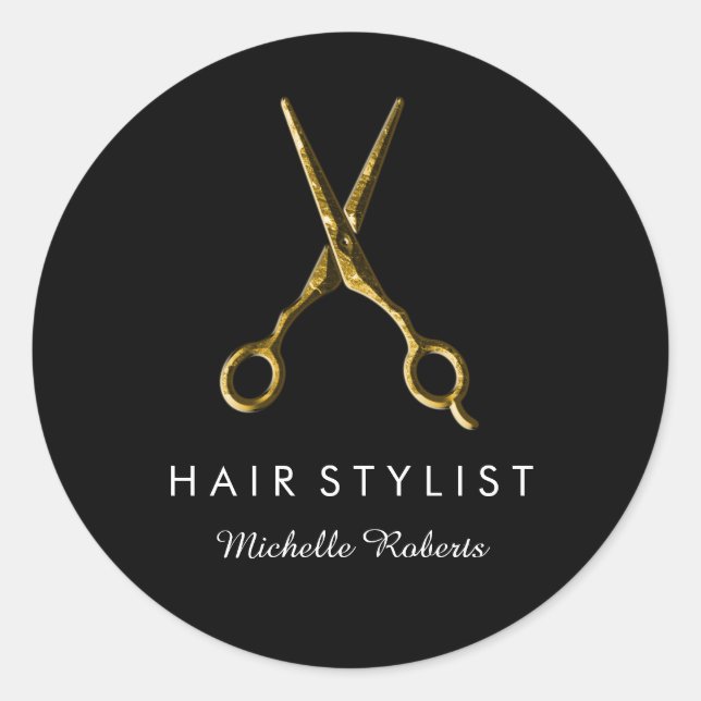 Trendy Personalized Gold Scissors Hair Salon black Classic Round Sticker (Front)