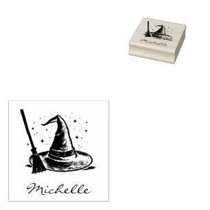 Trendy Personalized Halloween witch hat and broom Rubber Stamp