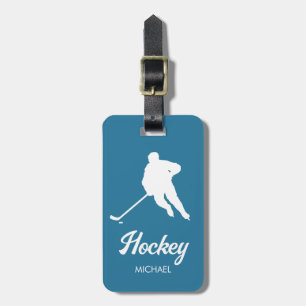 Trendy Personalized Hockey Player Name blue Luggage Tag