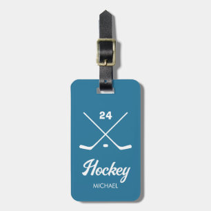 Trendy Personalized Hockey Player Name Number blue Luggage Tag