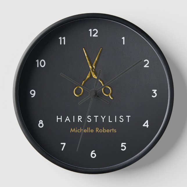 Trendy Personalized Modern black Gold Hairstylist  Clock (Front)