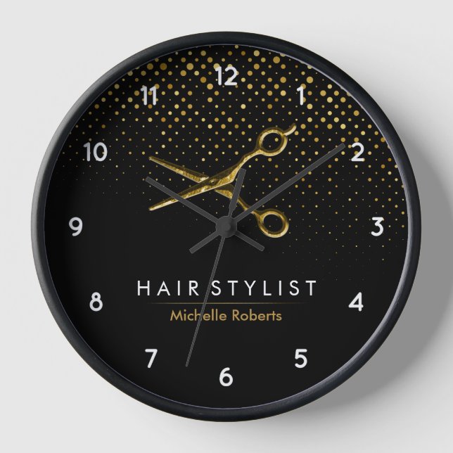 Trendy Personalized Modern black Gold Hairstylist  Clock (Front)
