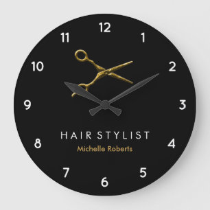 Trendy Personalized Modern black Gold Hairstylist Large Clock