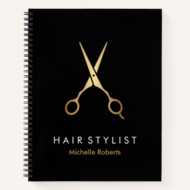 Trendy Personalized Modern black Gold Hairstylist Notebook (Front)