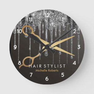 Trendy Personalized Modern silver Hairstylist Round Clock
