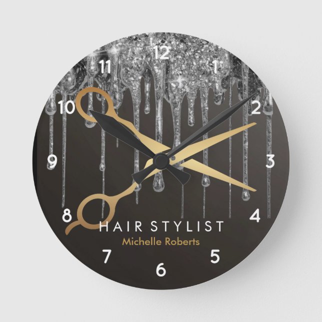 Trendy Personalized Modern silver Hairstylist  Round Clock (Front)