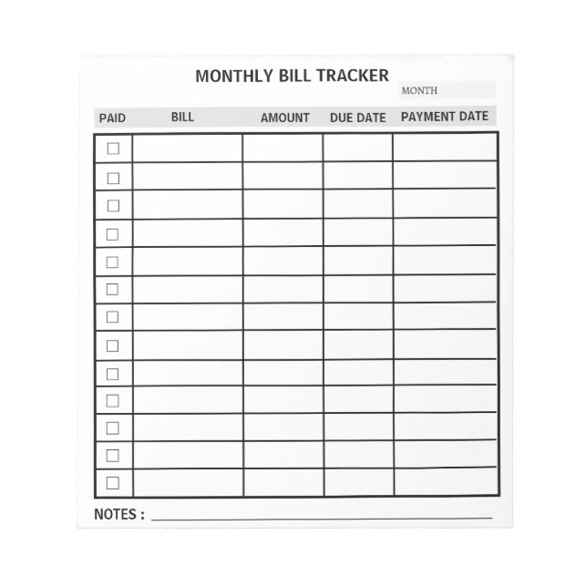 Trendy Personalized Monthly Bill Tracker Notepad (Front)