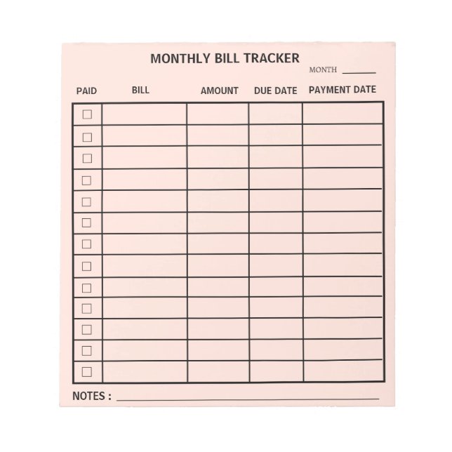 Trendy Personalized Monthly Bill Tracker Notepad (Front)