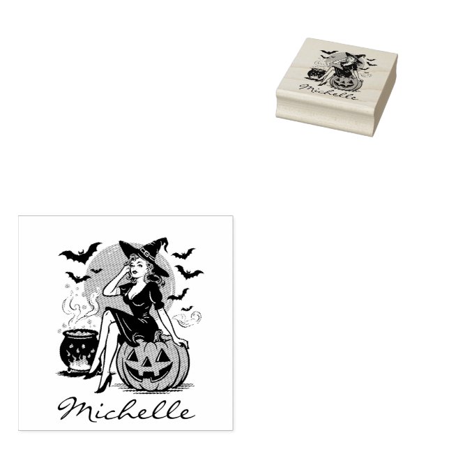 Trendy Personalized Name Cute witch Halloween      Rubber Stamp (Stamped)