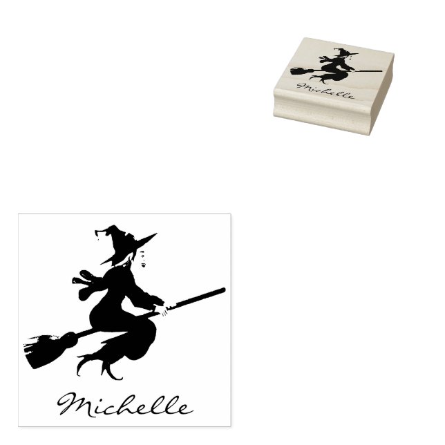 Trendy Personalized Name Cute witch Halloween Rubber Stamp (Stamped)
