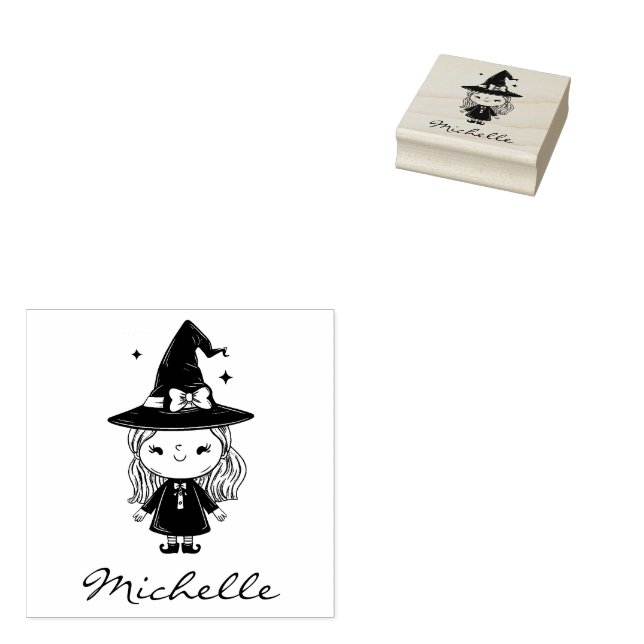 Trendy Personalized Name Cute witch Halloween Rubber Stamp (Stamped)
