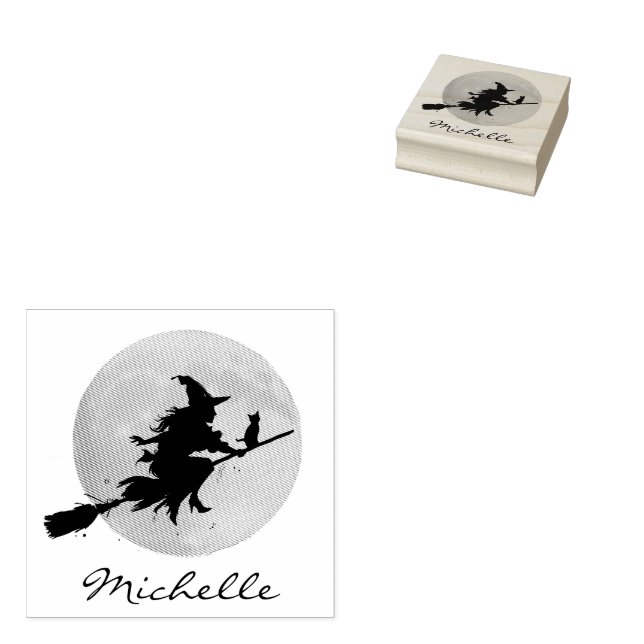 Trendy Personalized Name Cute witch Halloween Rubber Stamp (Stamped)