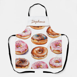 Trendy Personalized Name Watercolor Doughnut Patte Apron