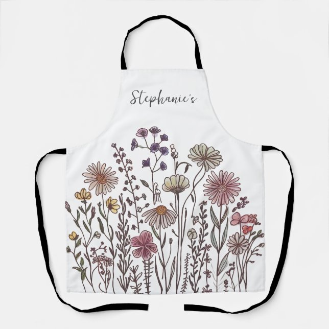 Trendy Personalized Name Watercolor Wildflower  Apron (Front)