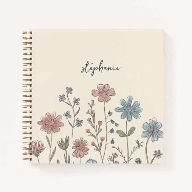 Trendy Personalized Name Watercolor Wildflower Notebook (Front)