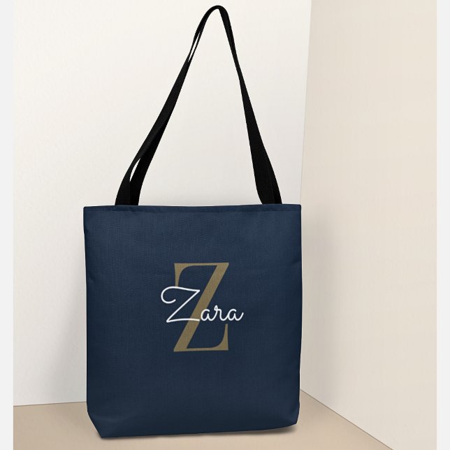 Trendy Personalized Navy Monogram Custom Name  Tote Bag (Creator Uploaded)