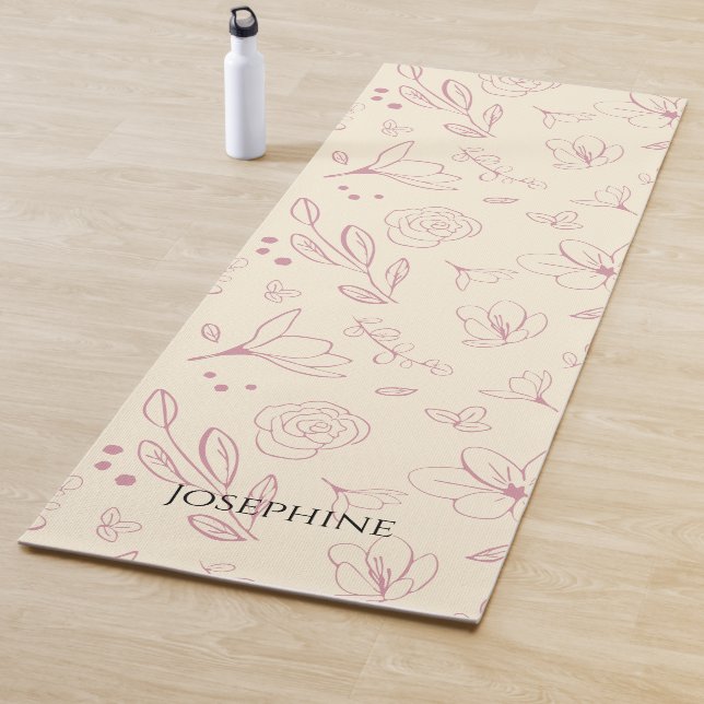 Trendy Personalized Pink florals on beige cream Yoga Mat (In Situ)