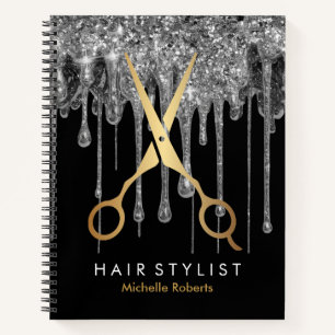 Trendy Personalized silver Glitter Hairstylis Notebook