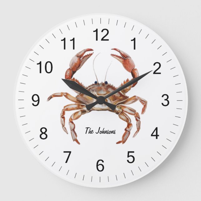 Trendy Personalized Watercolor Crab Summer Beach   Large Clock (Front)