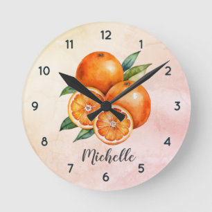 Trendy Personalized Watercolor Orange fruit Round Clock